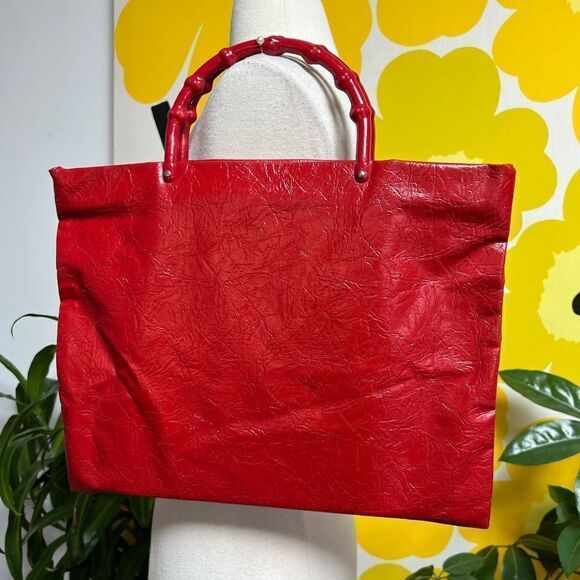 Mod Vintage XL 1970s Red Textured Faux Leather Bamboo Handle Handbag / Clutch - Picture 1 of 10